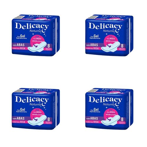 Kit c/4 Absorvente Delicacy Noturno C/Abas Cobertura Seca C/8 Unidades Kit c/4 Absorvente Delicacy Noturno C/Abas Cobertura Seca C/8 Unidades
