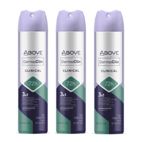Kit c/3 Unidades de Desodorante Antibacteriano Aerosol Above Dermaclin 150ml 72H Women Kit c/3 Unidades de Desodorante Antibacteriano Aerosol Above Dermaclin 150ml 72H Women