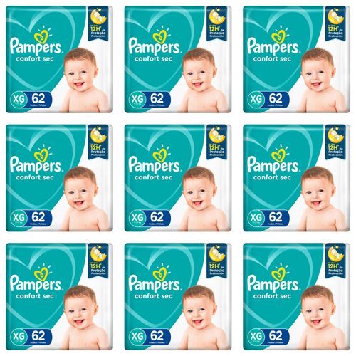 Kit 9 Fraldas Pampers Confort Sec Plus XG com 62 unidades cada