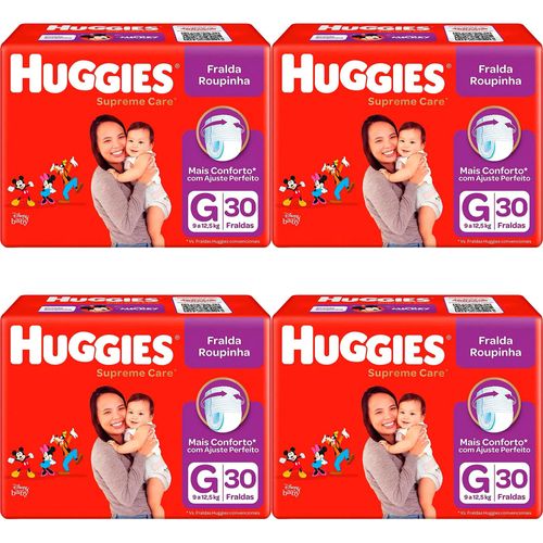 Kit 4 Fraldas Huggies Roupinha Supreme Care G c/30 Unidades cada Kit 4 Fraldas Huggies Roupinha Supreme Care G c/30 Unidades cada