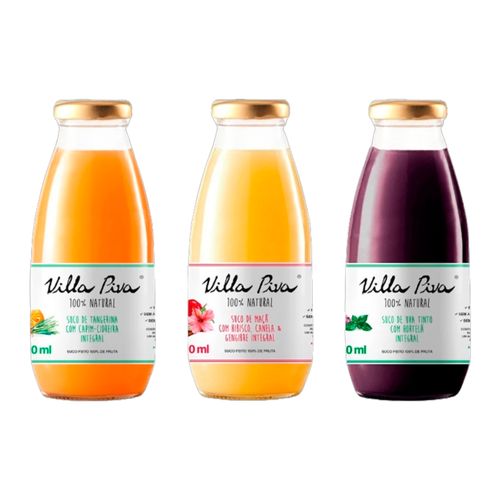 Kit 3 Sucos Integrais Villa Piva 300ml: Uva com Hortelã, Tangerina com Capim Cidreira, Maçã com Hibisco Kit 3 Sucos Integrais Villa Piva 300ml: Uva com Hortelã, Tangerina com Capim Cidreira, Maçã com Hibisco