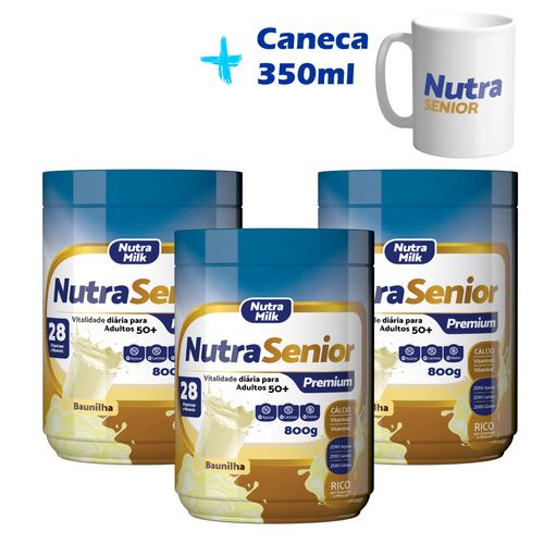 kit 3 Nutra Senior Adulto 50+ 800g linha Premium ZERO LACTOSE + Brinde exclusivo Caneca 350ml Kit Baunilha + Caneca