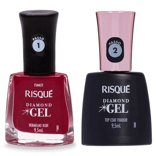 Kit Esmalte Risque Diamond Gel Vermelho Rubi + Fixador Top Coat