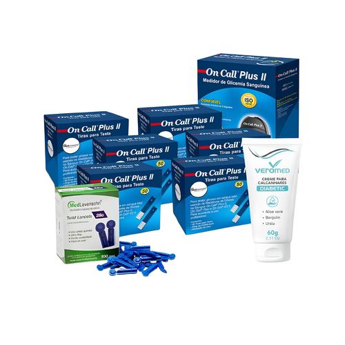 Kit Diabetes e Cuidados com os Pés - Para uma vida saudável 300 Tiras On Call Plus II + 100 Lancetas + 1 Creme de Calcanhar Veromed