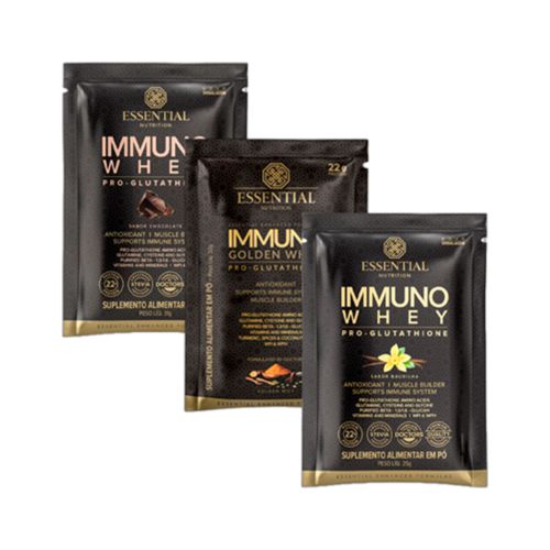 Kit 3 Immuno Whey Sachê Essential Nutrition: Cacao, Golden, Vanilla