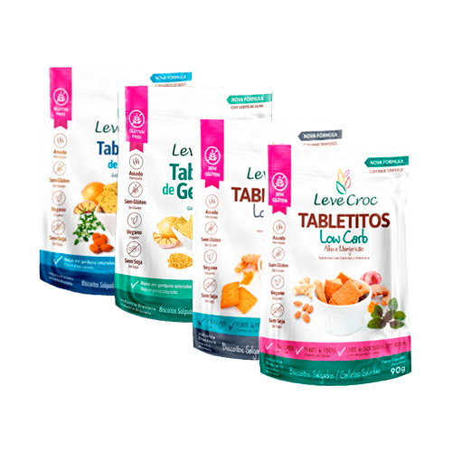 Kit 4 Biscoitos Tabletito Sem Glúten Leve Croc: Chia, Gergelim, Low Carb Original, Low Carb Manjericão