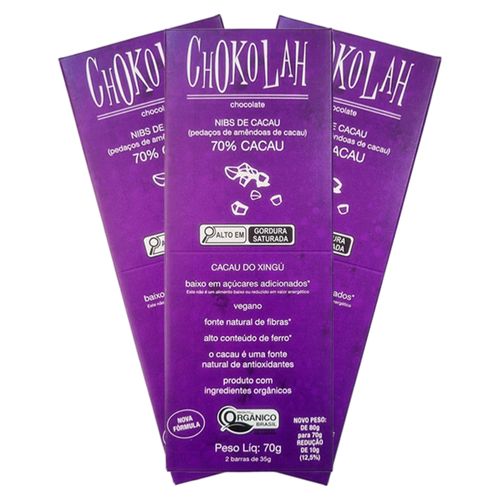 Kit 3X: Chocolate 70% Cacau com Nibs Baixo em Açúcares Orgânico CHoKolaH 70g