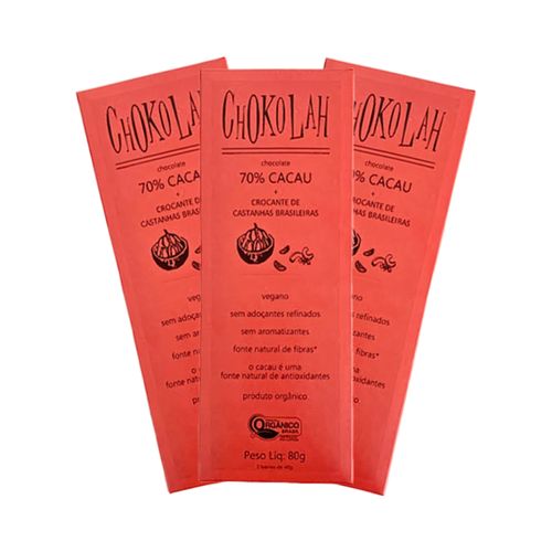 Kit 3X: Chocolate 70% Cacau com Castanhas Orgânico CHoKolaH 80g