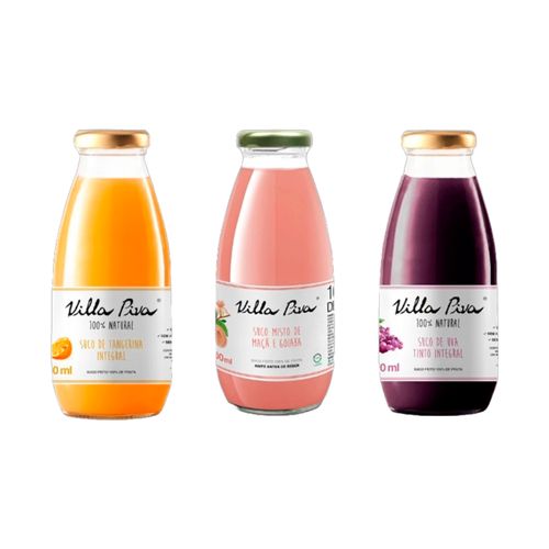 Kit 3 Sucos Integrais Villa Piva 300ml: Uva, Tangerina, Goiaba