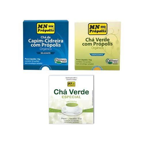Kit 3 Chás MN Própolis: Capim Cideira, Chá Verde, Chá Verde com Própolis