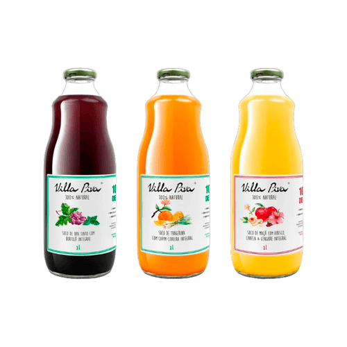 Kit 3 Sucos Integrais Villa Piva: Uva com Hortelã, Tangerina com Capim Cidreira, Maçã com Hibisco Kit 3 Sucos Integrais Villa Piva: Uva com Hortelã, Tangerina com Capim Cidreira, Maçã com Hibisco