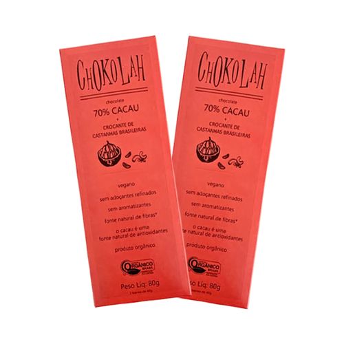 Kit 2X: Chocolate 70% Cacau com Castanhas Orgânico CHoKolaH 80g