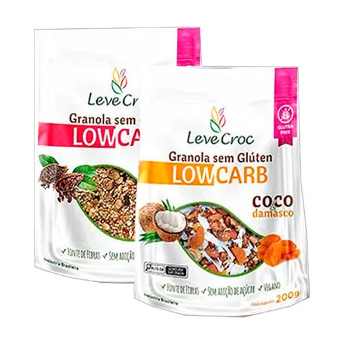 Kit 2 Granolas Low Carb Sem Glúten Leve Croc: Nibs de Cacau e Goji Berry, Coco e Damasco