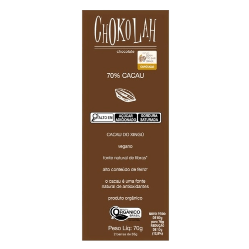 Chocolate 70% Cacau com Açúcar Demerara Orgânico CHoKolaH 70g