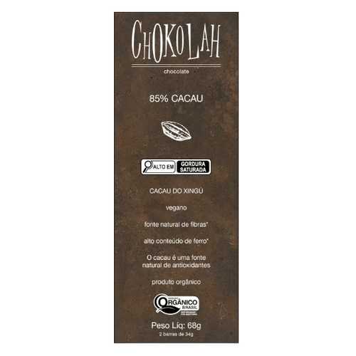 Chocolate 85% Cacau com Açúcar Demerara Orgânico CHoKolaH 68g Chocolate 85% Cacau com Açúcar Demerara Orgânico CHoKolaH 68g