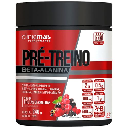 PRE-TREINO - BELA-ALANINA + TAURINA + L-ARGININA + TIROSINA + CAFEÍNA + VITAMINAS FRUTAS VERMELHAS 240G - CLINICMAIS