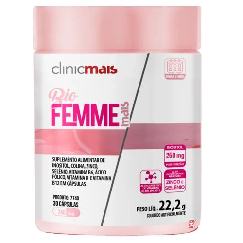 BIO FEMME MAIS BEM ESTAR FEMININO INOSITOL + COLINA + VITAMINAS E MINERAIS 30 CAPS - CLINICMAIS BIO FEMME MAIS BEM ESTAR FEMININO INOSITOL + COLINA + VITAMINAS E MINERAIS 30 CAPS - CLINICMAIS