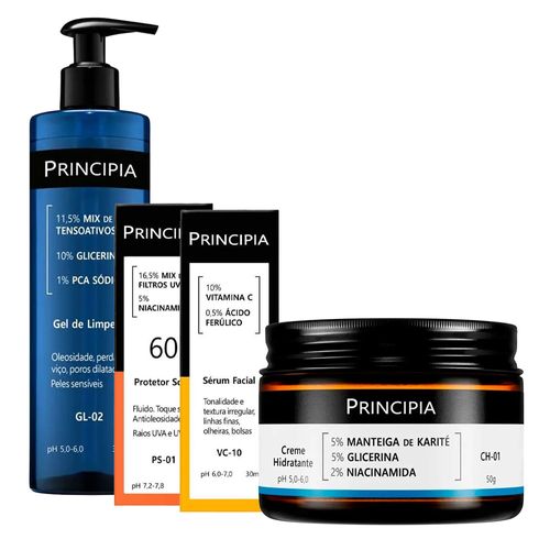 Kit-Principia-Gel-de-Limpeza-GL-02-350g--Hidratante-CH-01-50g--Serum-VC-10-30ml--Protetor-Solar-FPS-60-PS-01-40ml
