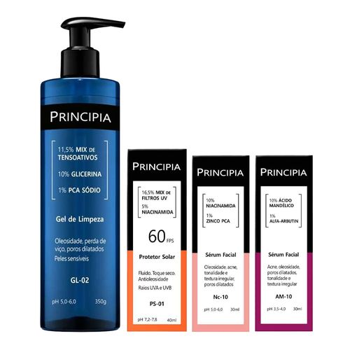 Kit-Principia-Gel-de-Limpeza-GL-02-350g--Serum-AM-10-30ml--Serum-Nc-10-30ml--Protetor-Solar-FPS-60-PS-01-40ml