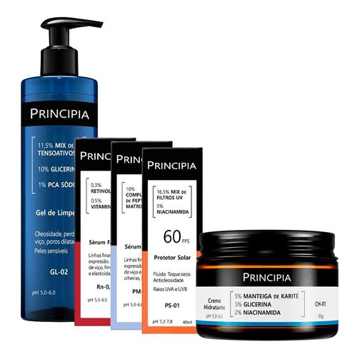 Kit-Principia-Gel-de-Limpeza-GL-02-350g--Hidratante-CH-01-50g--Serum-Rn-03-30ml--Serum-Pm-10-30ml--Protetor-Solar-FPS-60-PS-01-40ml