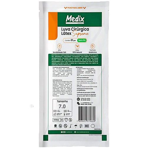 Luva Cirúrgica de Látex Supreme Medix - Sem Pó - 7.0 - Par
