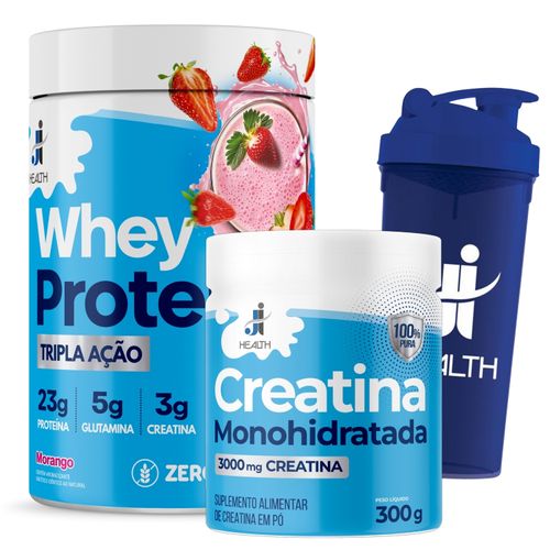 Kit Whey Protein 720g + Creatina Pura 300g + Coqueteleira 700ml - Alta Qualidade para atletas Morango Kit Whey Protein 720g + Creatina Pura 300g + Coqueteleira 700ml - Alta Qualidade para atletas Morango