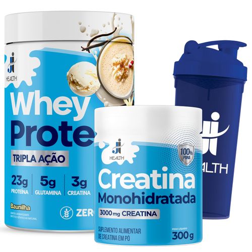 Combo Whey Protein + Creatina + Coqueteleira J & I Health Baunilha