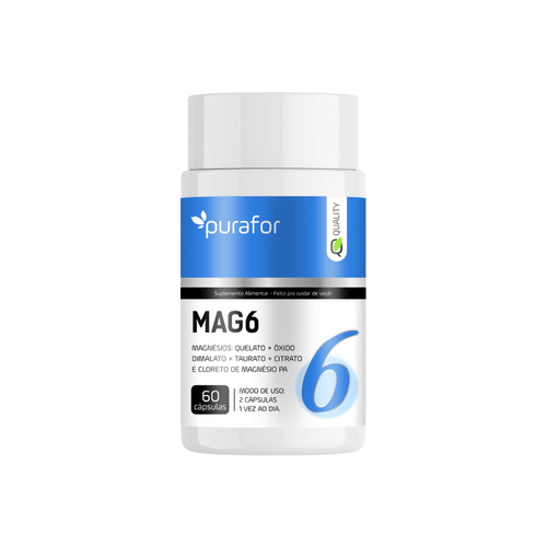 Mag6 6 Magnésios Quelato + Óxido + Dimalato + Taurato + Citrato e Cloreto de magnésio PA Purafor 500mg por cápsula 100%