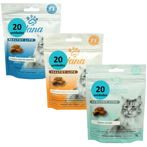 PETISCO SNACK HANA GATOS KIT COM 20 DENTAL + 20 HAIRBALL + 20 SENSATIONS