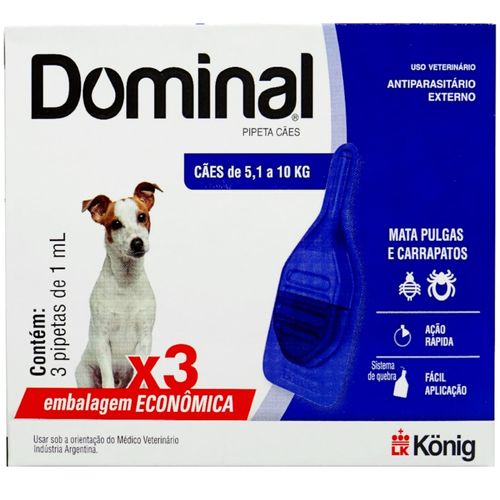 DOMINAL PIPETA PARA CÃES 5,1 A 10KG 1ML AZUL COM 3 UNIDADES PREVENÇÃO DE PULGAS E CARRAPATOS