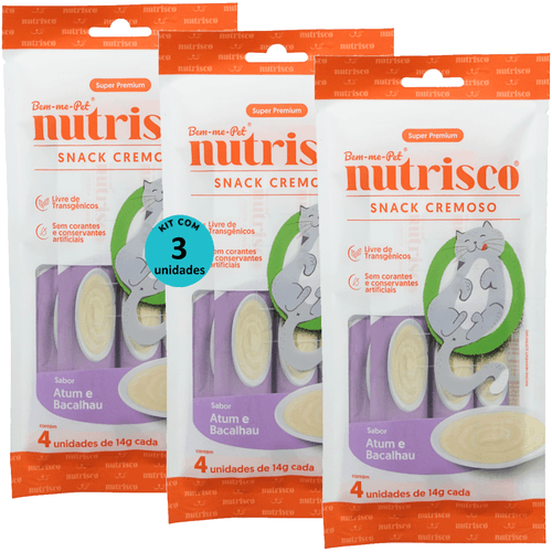 SNACK CREMOSO NUTRISCO GATOS 14G ATUM E BACALHAU COM 4 UN - KIT COM 3 SNACK CREMOSO NUTRISCO GATOS 14G ATUM E BACALHAU COM 4 UN - KIT COM 3