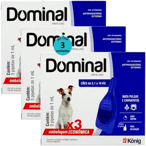 DOMINAL PIPETA PARA CÃES 5,1 A 10KG 1ML AZUL COM 3 UNID. KIT COM 3 CXS DOMINAL PIPETA PARA CÃES 5,1 A 10KG 1ML AZUL 3 UNID. KIT COM 3 CXS PREVENÇÃO DE PULGAS E CARRAPATOS