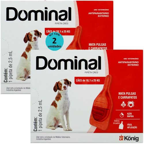 DOMINAL PIPETA PARA CÃES 10,1 A 25KG 2,5ML VERMELHO KIT COM 2 PREVENÇÃO PULGAS E CARRAPATOS