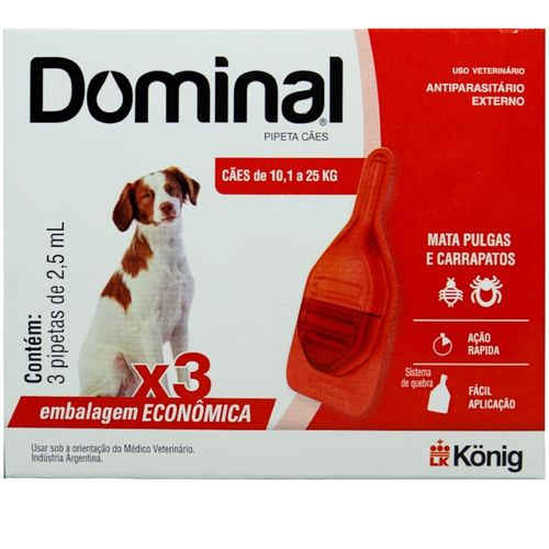 DOMINAL PIPETA PARA CÃES 10,1 A 25KG 2,5ML VERMELHO COM 3 UNIDADES PREVENÇÃO DE PULGAS E CARRAPATOS