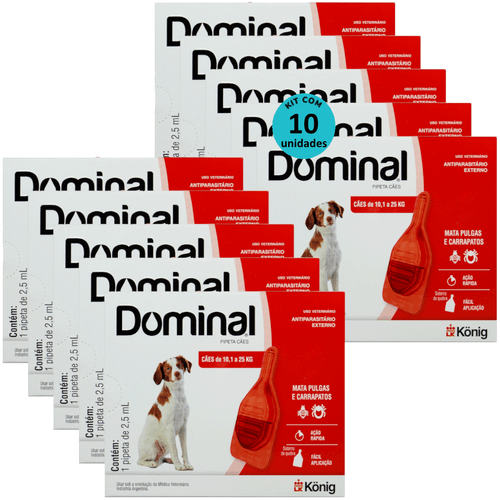 DOMINAL PIPETA PARA CÃES 10,1 A 25KG 2,5ML VERMELHO KIT COM 10 PREVENÇÃO PULGAS E CARRAPATOS