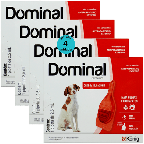DOMINAL PIPETA PARA CÃES 10,1 A 25KG 2,5ML VERMELHO KIT COM 4 PREVENÇÃO PULGAS E CARRAPATOS