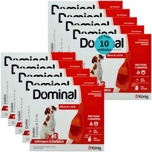 DOMINAL PIPETA PARA CÃES 10,1 A 25KG 2,5ML VERMELHO 3 UNID. KIT COM 10 CXS PREVENÇÃO DE PULGAS E CARRAPATOS