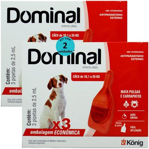 DOMINAL PIPETA PARA CÃES 10,1 A 25KG 2,5ML VERMELHO 3 UNID. KIT COM 2 CXS PREVENÇÃO DE PULGAS E CARRAPATOS