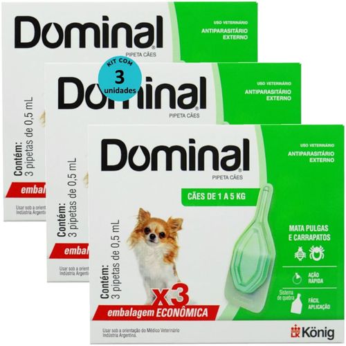 DOMINAL PIPETA PARA CÃES 1 A 5KG 0,5ML VERDE 3 UNID. KIT COM 3 CXS PREVENÇÃO DE PULGAS E CARRAPATOS