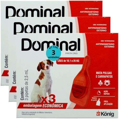 DOMINAL PIPETA PARA CÃES 10,1 A 25KG 2,5ML VERMELHO 3 UNID. KIT COM 3 CXS PREVENÇÃO DE PULGAS E CARRAPATOS