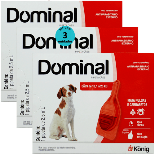 DOMINAL PIPETA PARA CÃES 10,1 A 25KG 2,5ML VERMELHO KIT COM 3 PREVENÇÃO PULGAS E CARRAPATOS