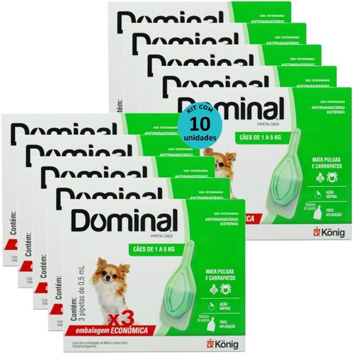 DOMINAL PIPETA PARA CÃES 1 A 5KG 0,5ML VERDE 3 UNID. KIT COM 10 CXS PREVENÇÃO DE PULGAS E CARRAPATOS