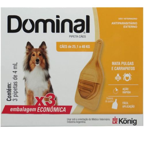 DOMINAL PIPETA PARA CÃES 25,1 A 40KG 4ML LARANJA COM 3 UNIDADES PREVENÇÃO DE PULGAS E CARRAPATOS DOMINAL PIPETA PARA CÃES 25,1 A 40KG 4ML LARANJA COM 3 UNIDADES PREVENÇÃO DE PULGAS E CARRAPATOS