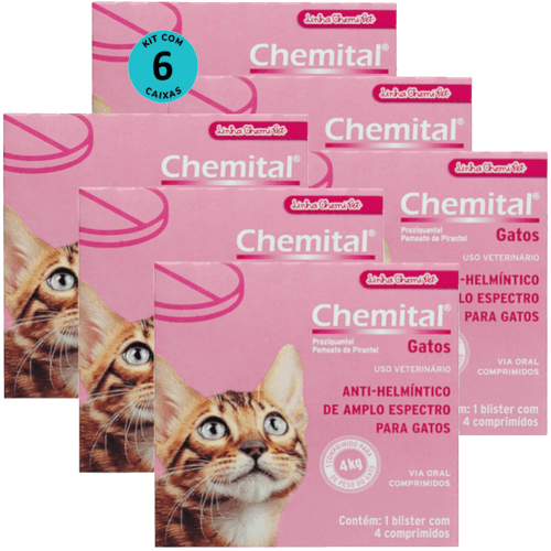Chemital Com 4 Comprimidos Chemitec Vermífugo Para Gatos Kit Com 6 Cx
