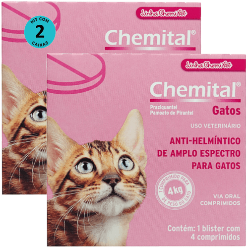 Chemital Com 4 Comprimidos Chemitec Vermífugo Para Gatos Kit Com 2 Cx