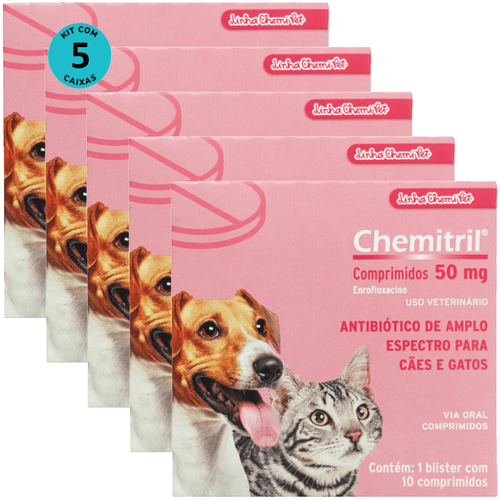 Chemitril 50mg Com 10 Comprimidos Para Cães e Gatos Chemitec Kit Com 5