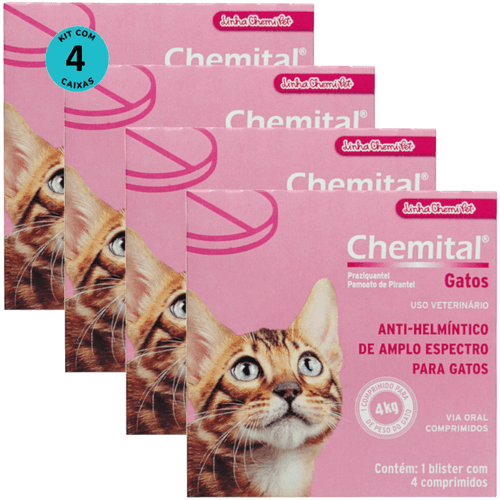 Chemital Com 4 Comprimidos Chemitec Vermífugo Para Gatos Kit Com 4 Cx