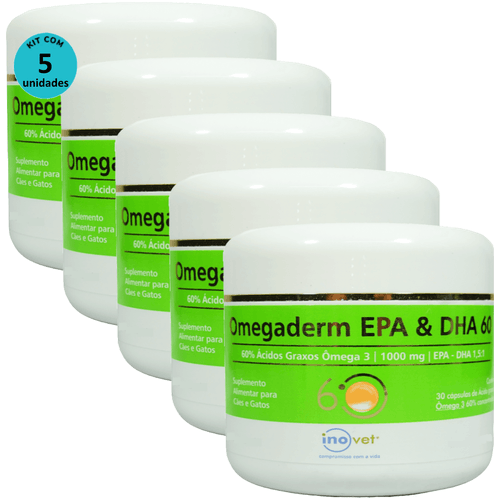 Omegaderm EPA & DHA 60 Suplemento Cães e Gatos 1000mg C/ 30 Cápsulas Kit Com 5 Omegaderm EPA & DHA 60 Suplemento Cães e Gatos 1000mg C/ 30 Cápsulas Kit Com 5