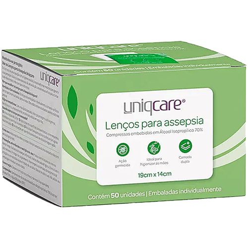 Lenços para Assepsia Uniqcare 19x14cm - 50 unidades Lenços para Assepsia Uniqcare 19x14cm - 50 unidades