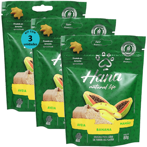 HANA NATURAL LIFE AVEIA BANANA MAMÃO 80G SNACKS PARA CÃES ADULTOS KIT C/ 3 UN